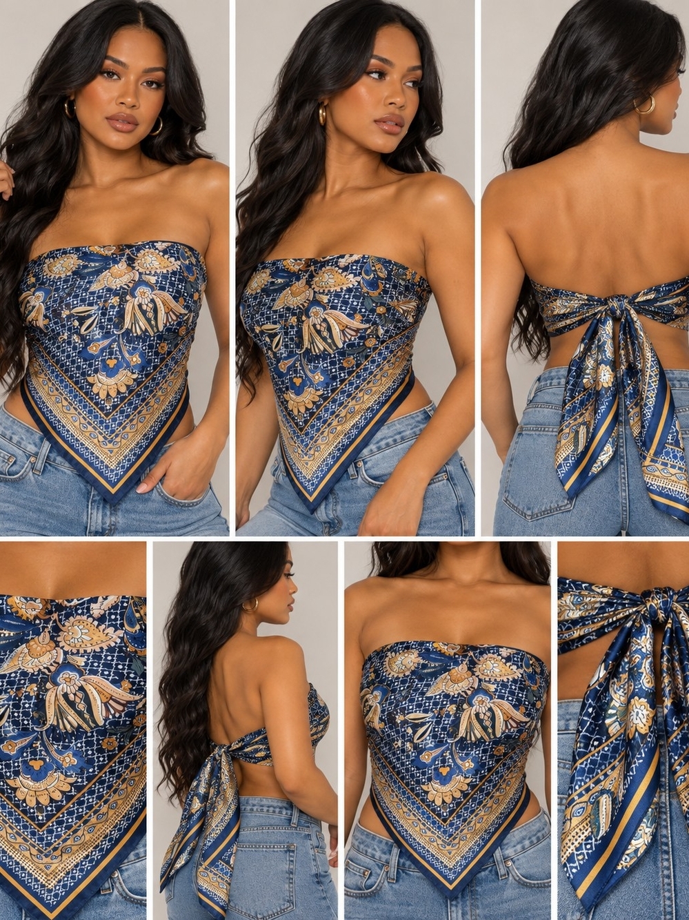 SHEIN Blue and Gold Floral Bandana Tie-Back Tube Top